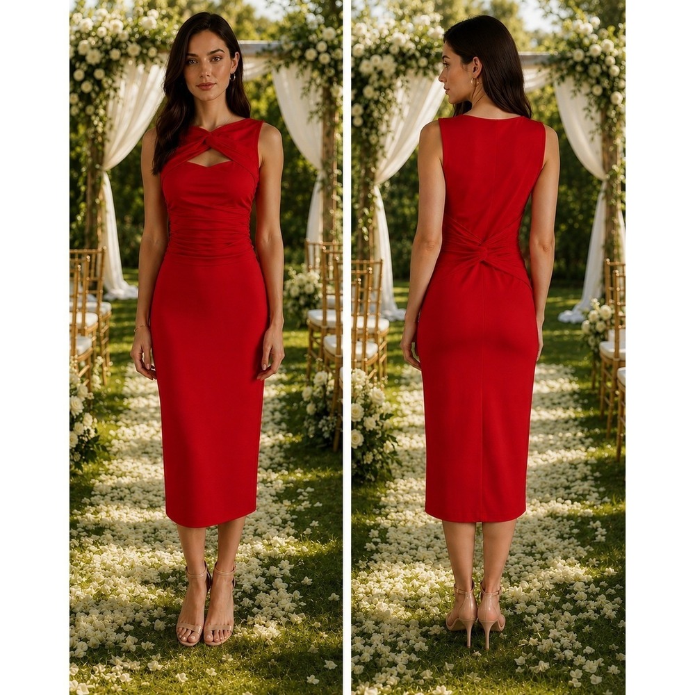 Chiara Boni La Petite Robe Red Ruched Keyhole Midi Dress Made Italy 44 US 8 NWOT